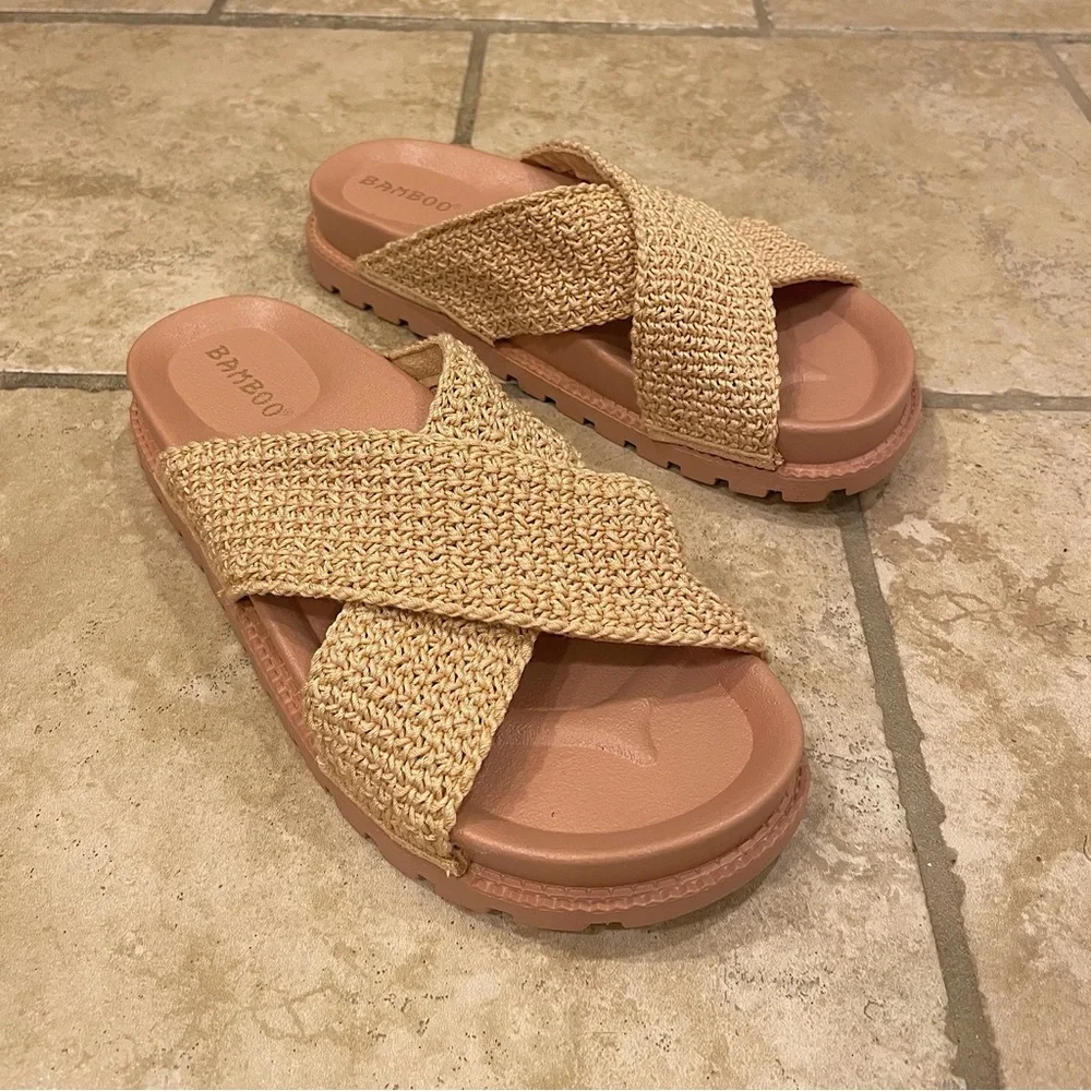 Awaken Natural Flyknit Criss Cross Slide Sandals. - Picture 11 of 16
